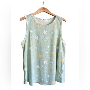 White and Green Sleeveless Tank Top with Star Pattern NWOT